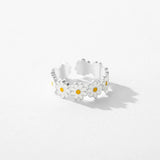 925 Silver Daisy Enamel Flowers Open Ring Women Size 6-9 Holiday Fine Jewelry