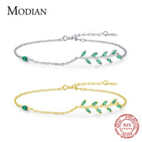 925 Silver Green Leaf Zirconia Link Chain Bracelet For Women