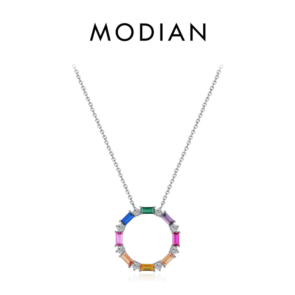 925 Sterling Silver Rainbow CZ Big Pendant Necklace Vintage Neck Chain