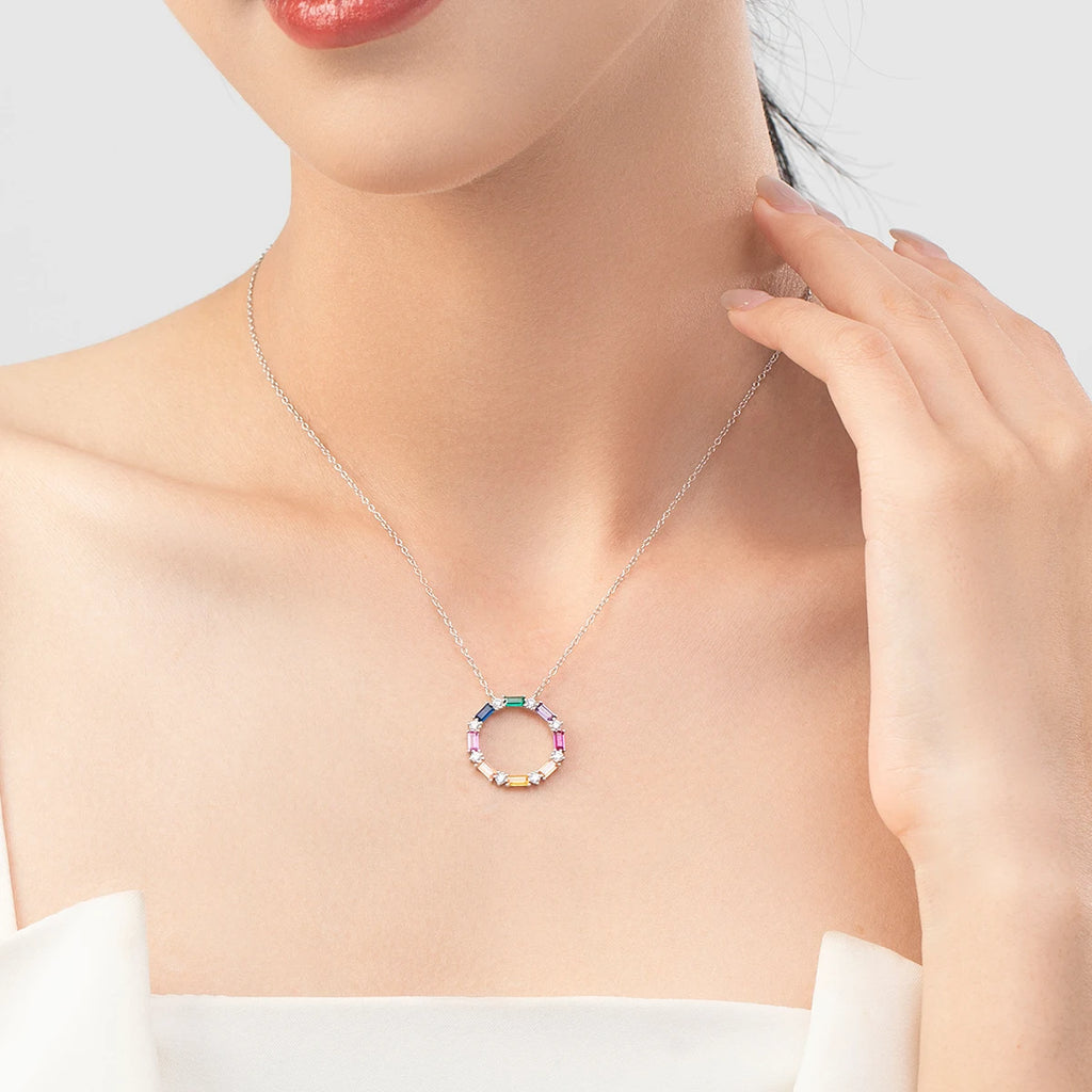 925 Sterling Silver Rainbow CZ Big Pendant Necklace Vintage Neck Chain