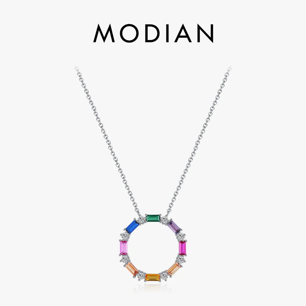 925 Sterling Silver Rainbow CZ Big Pendant Necklace Vintage Neck Chain