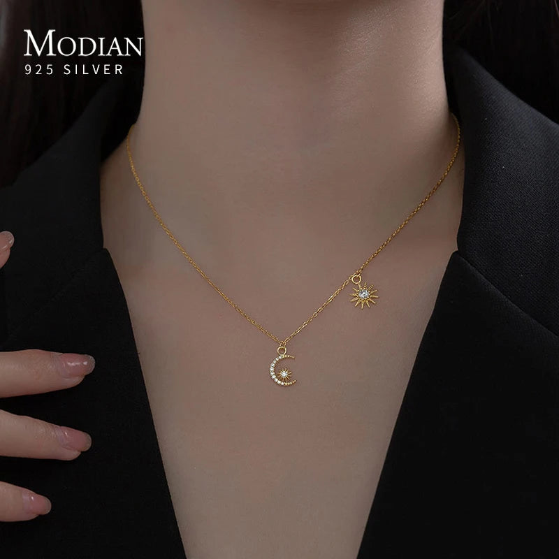925 Silver Moon Stars Pendant Necklace Clear CZ Short Chain Choker