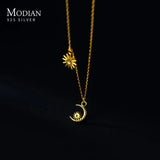 925 Silver Moon Stars Pendant Necklace Clear CZ Short Chain Choker