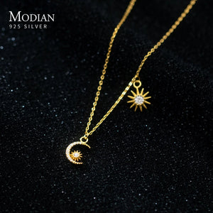 925 Silver Moon Stars Pendant Necklace Clear CZ Short Chain Choker