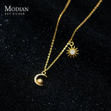 925 Silver Moon Stars Pendant Necklace Clear CZ Short Chain Choker