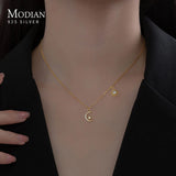 925 Silver Moon Stars Pendant Necklace Clear CZ Short Chain Choker