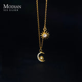 925 Silver Moon Stars Pendant Necklace Clear CZ Short Chain Choker