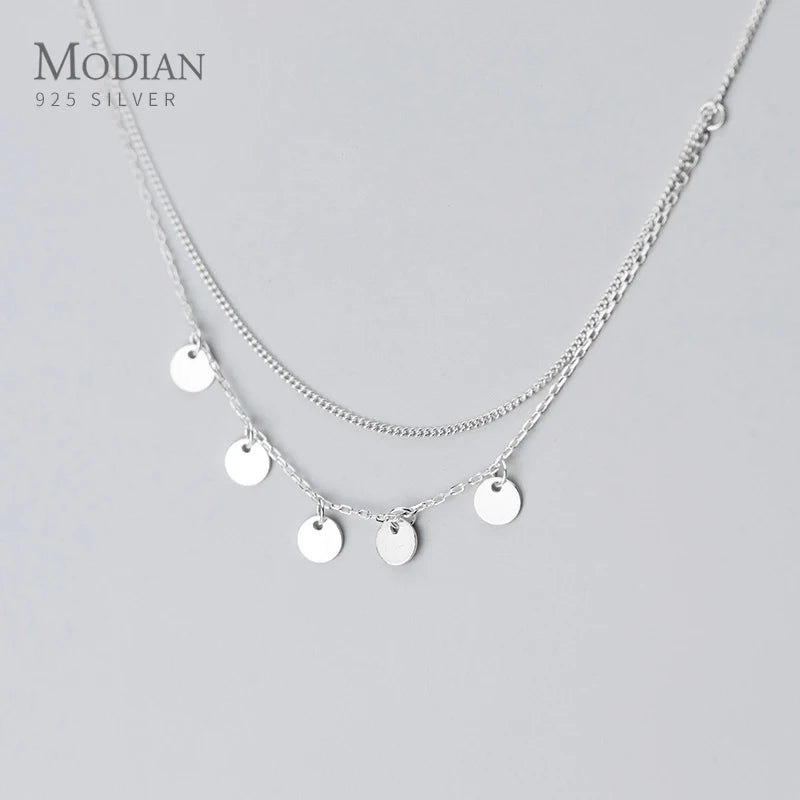 925 Silver Double Chain Sequins Pendant Necklace for Women