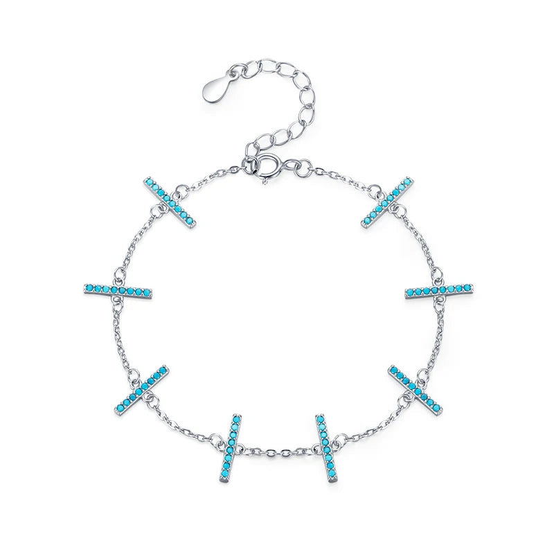 925 Silver Turquoise Charm Link Bracelet Vintage Jewelry Pulseira