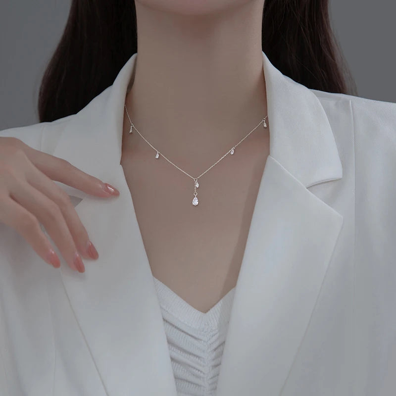925 Silver CZ Water Drop Necklace Chain for Women Wedding Jewelry