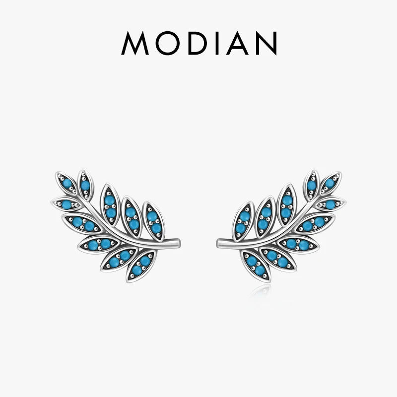 925 Silver Vintage Leaf Earrings Turquoise Studs Women Anniversary Gift