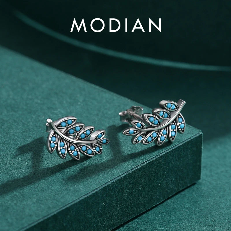 925 Silver Vintage Leaf Earrings Turquoise Studs Women Anniversary Gift