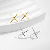 925 Silver X Lines Stud Earrings Platinum Plated Minimalist Fine Jewelry Women