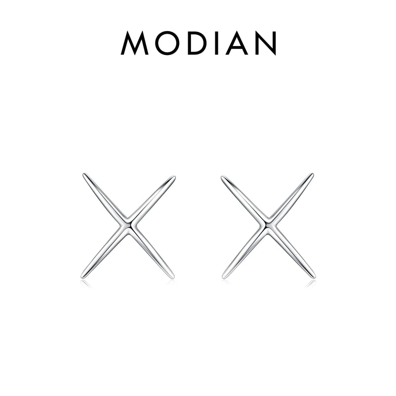 925 Silver X Lines Stud Earrings Platinum Plated Minimalist Fine Jewelry Women