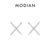 925 Silver X Lines Stud Earrings Platinum Plated Minimalist Fine Jewelry Women