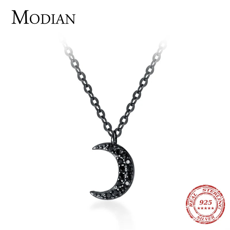 Adjustable Short Chain 925 Silver Zircon Moon Pendant Necklace