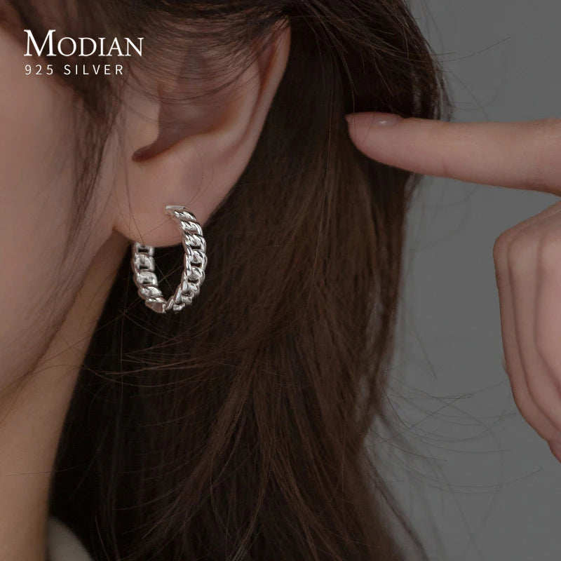 925 Silver Big Link Lock Chain Ear Buckles Geometric Earrings Gift