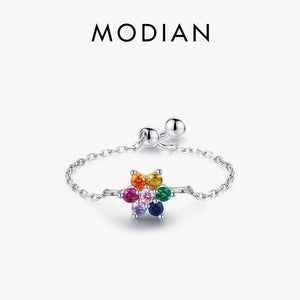 925 Silver Rainbow CZ Adjustable Chain Ring For Women