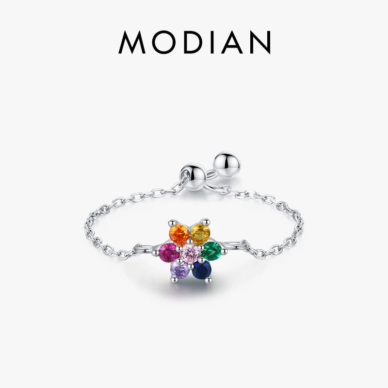 925 Silver Rainbow CZ Adjustable Chain Ring For Women