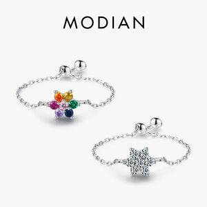 925 Silver Rainbow CZ Adjustable Chain Ring For Women