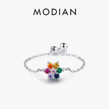925 Silver Rainbow CZ Adjustable Chain Ring For Women