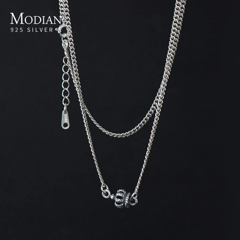 925 Silver Vintage Crown Pendant Necklace Link Chain Fine Jewelry
