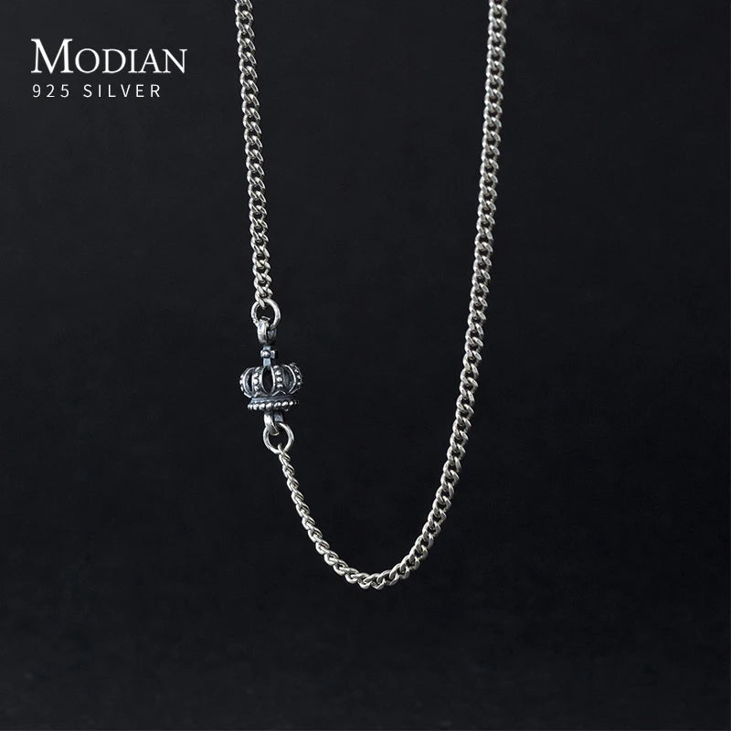 925 Silver Vintage Crown Pendant Necklace Link Chain Fine Jewelry