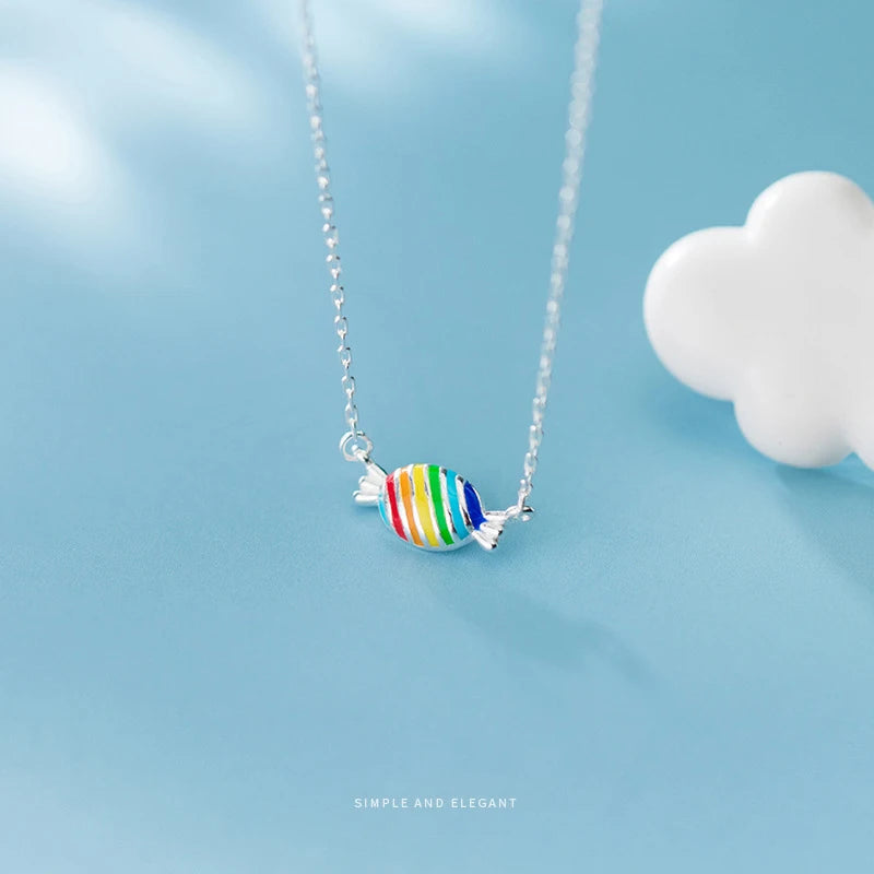 Colorful Enamel Candy Pendant Necklace 925 Sterling Silver Fine Jewelry