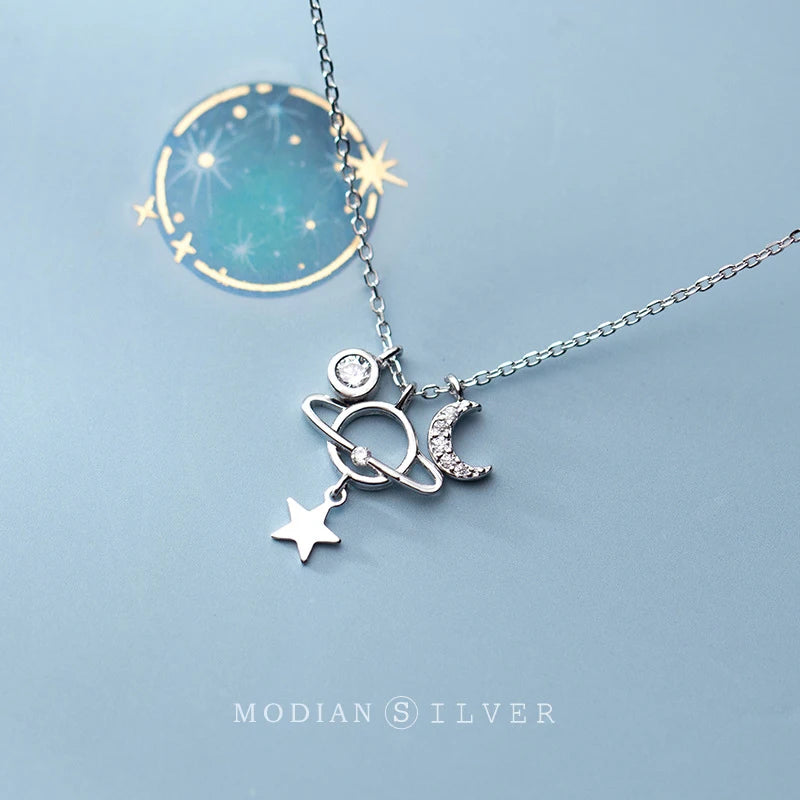 Zircon Stars Moon Planet Pendant Necklace 925 Sterling Silver
