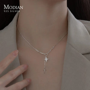 925 Silver Stars Cross Lock Chain Pendant Necklace for Women