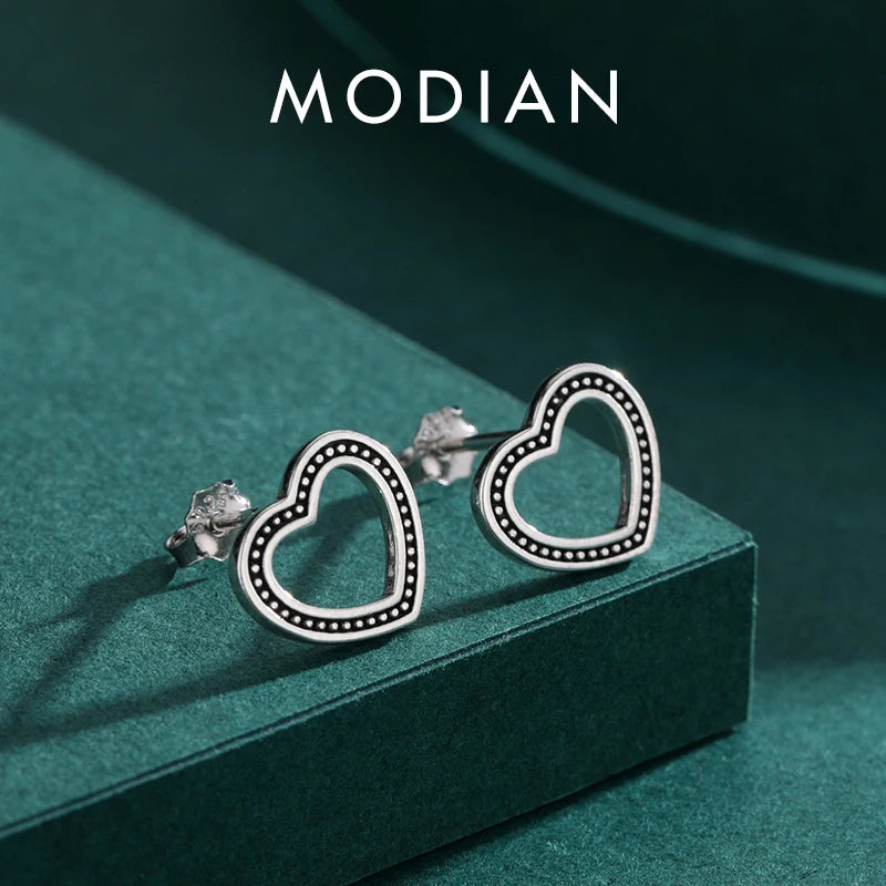 925 Silver Heart Stud Earrings Vintage Pattern Ear Studs