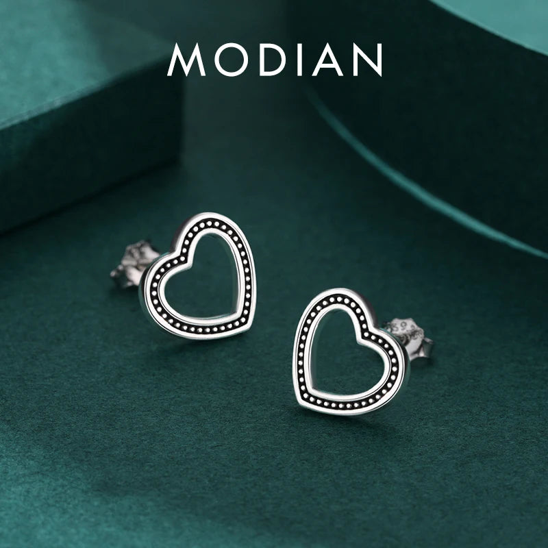 925 Silver Heart Stud Earrings Vintage Pattern Ear Studs