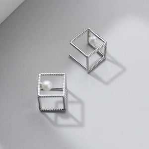 925 Silver Square Pearl Dangle Earrings Geometric Drop Korea Style