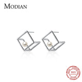 925 Silver Square Pearl Dangle Earrings Geometric Drop Korea Style
