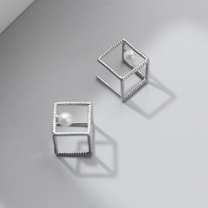 925 Silver Square Pearl Dangle Earrings Geometric Drop Korea Style