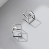 925 Silver Square Pearl Dangle Earrings Geometric Drop Korea Style