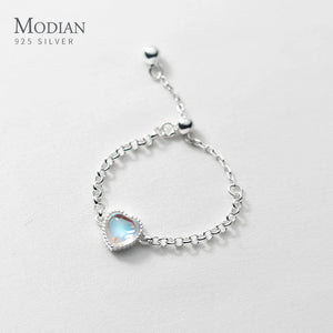 925 Silver Heart Moonstone Finger Ring Women Adjustable Eternity Chain