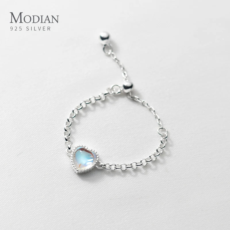 925 Silver Heart Moonstone Finger Ring Women Adjustable Eternity Chain
