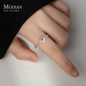 925 Silver Heart Moonstone Finger Ring Women Adjustable Eternity Chain