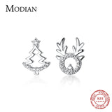925 Silver Asymmetrical Elk Stud Earrings Christmas Tree Design