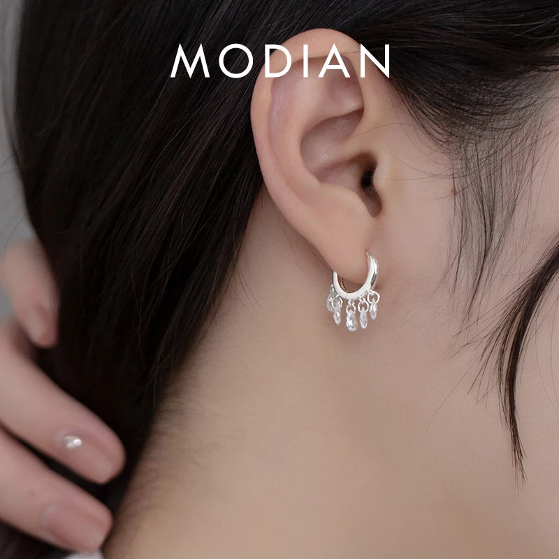 925 Sterling Silver Droplet Hoop Earrings Clear CZ Fine Jewelry