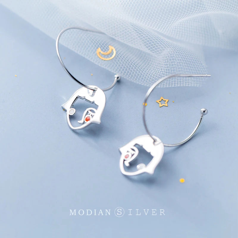 Girl Face Hoop Earring 925 Sterling Silver Hook Earring