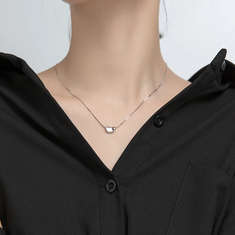925 Silver Link Chain Necklace with Bean Pendant for Women