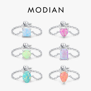 925 Silver Opal 6 Geometric Shape Rings Adjustable Link Chain for Women