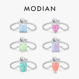 925 Silver Opal 6 Geometric Shape Rings Adjustable Link Chain for Women