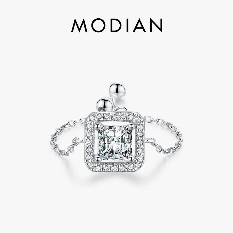 925 Sterling Silver Square Adjustable Ring Women Link Chain Fine Jewelry