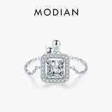 925 Sterling Silver Square Adjustable Ring Women Link Chain Fine Jewelry