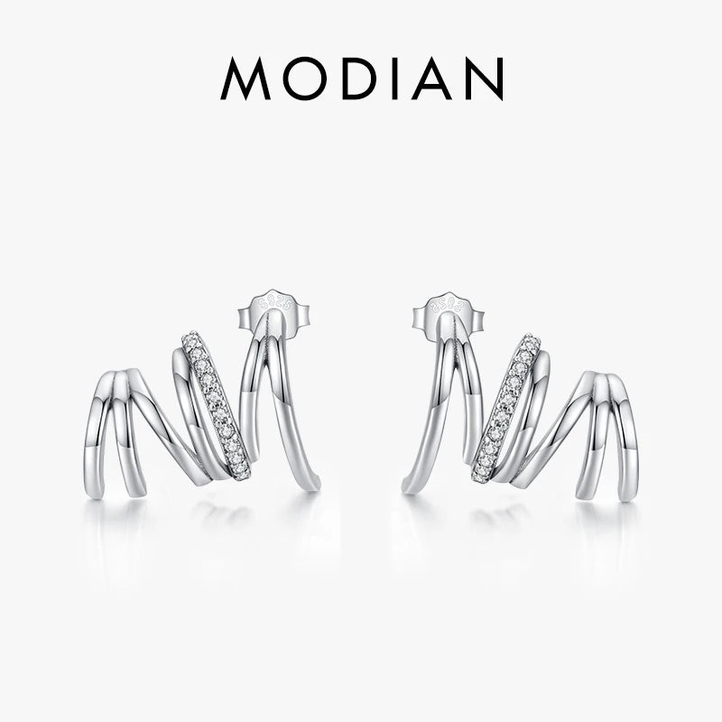 925 Silver Geometric Line Earrings with Zirconia Wave Studs