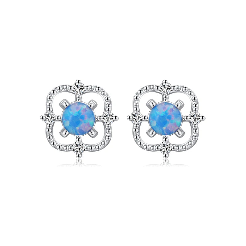 925 Silver Hollow Out Line Opal Stud Earrings Fine Jewelry