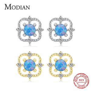 925 Silver Hollow Out Line Opal Stud Earrings Fine Jewelry